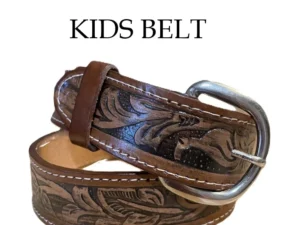 Kids brown leather tooled western belt