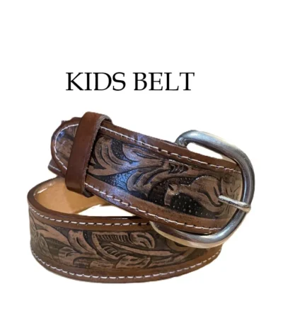 Kids brown leather tooled western belt