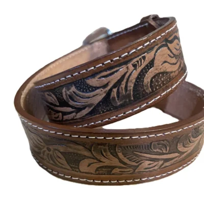 Kids brown leather tooled western belt