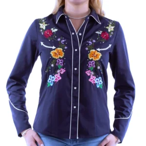 Scully womens Floral embroidered navy blue rhinestone Western Shirt