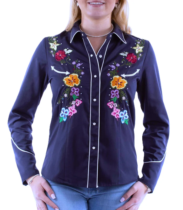 Scully womens Floral embroidered navy blue rhinestone Western Shirt