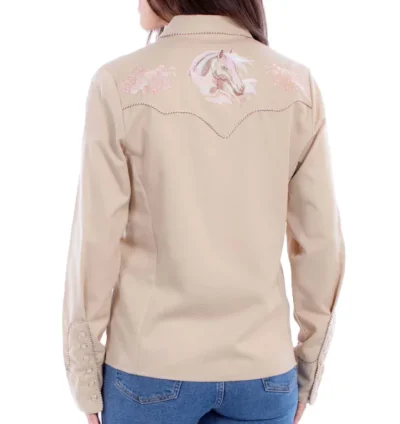 horse embroidered pearl snap western shirt for women