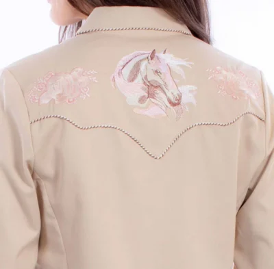 horse embroidered pearl snap western shirt for women