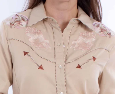 horse embroidered pearl snap western shirt for women