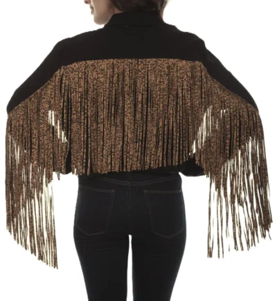 western fringe jean jacket for women with leopard print long fringe