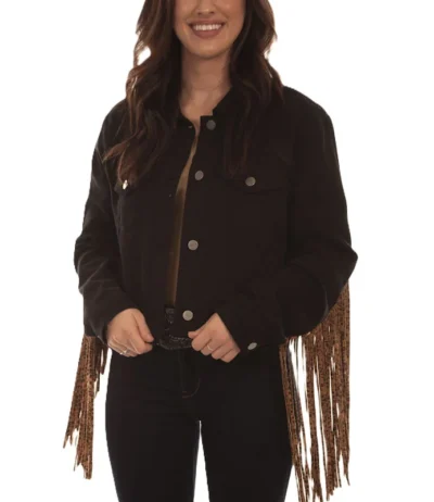 western fringe jean jacket for women with leopard print long fringe