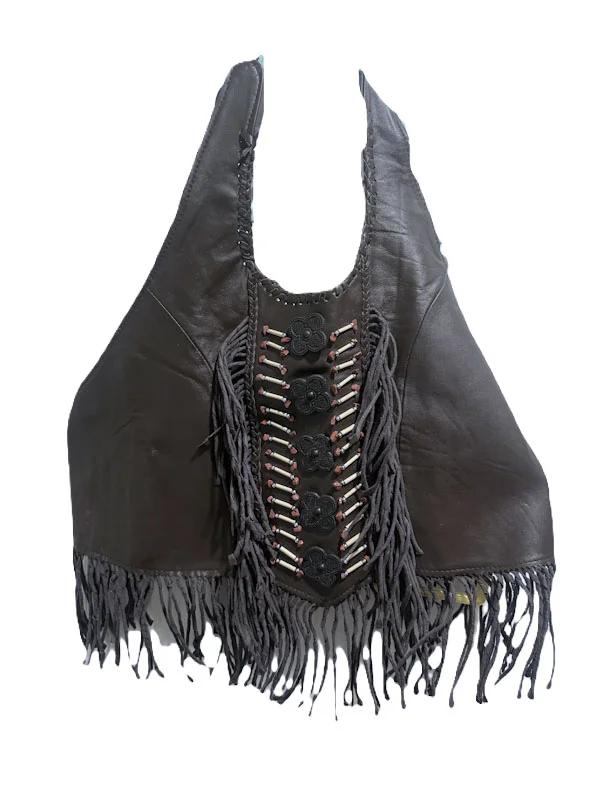 Women's bone fringe leather halter top