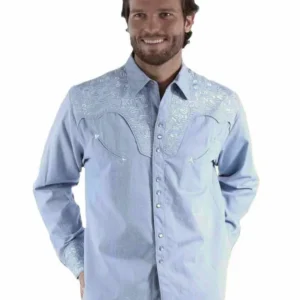Men's Scully Light Blue Denim Embroidered Western Shirt - Pearl Snaps - S-4XL