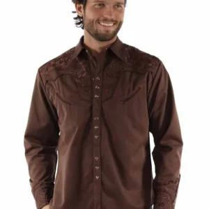 Embroidered Western Snap Shirt - Chocolate Brown