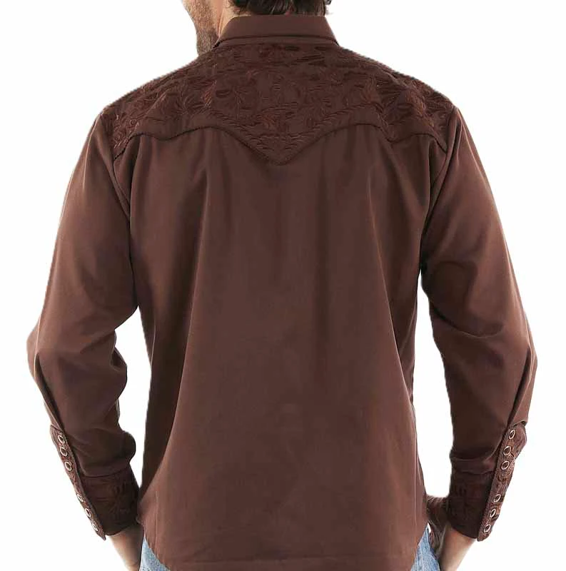 Scully Men's Embroidered Western Snap Shirt - Chocolate Brown - XS to 4XL 2 Scully Men's Embroidered Western Snap Shirt - Chocolate Brown
