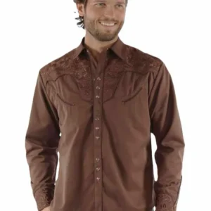 Scully Men's Embroidered Western Snap Shirt - Chocolate Brown