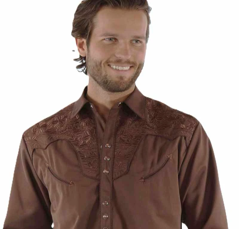 Scully Men's Embroidered Western Snap Shirt - Chocolate Brown - XS to 4XL 3 Scully Men's Embroidered Western Snap Shirt - Chocolate Brown