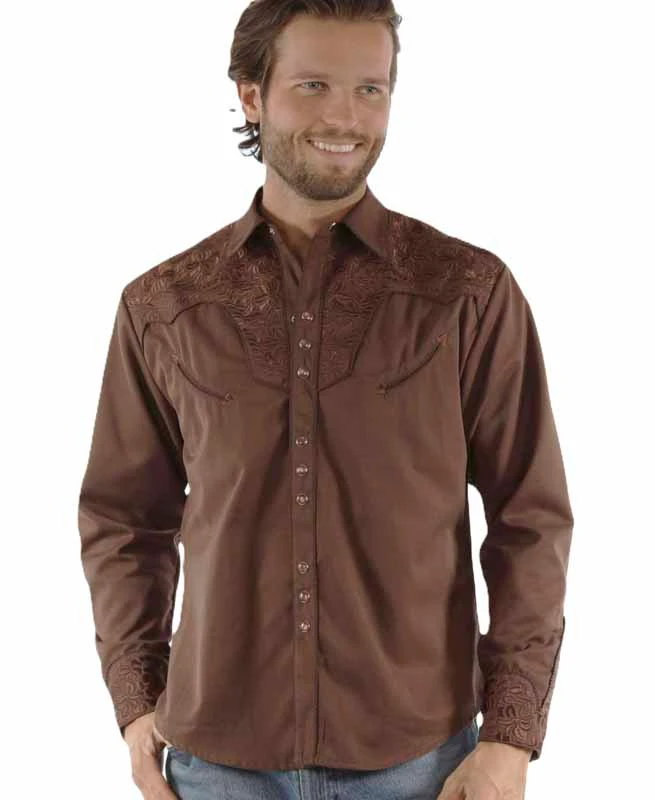 Scully Men's Embroidered Western Snap Shirt - Chocolate Brown - XS to 4XL 1 Scully Men's Embroidered Western Snap Shirt - Chocolate Brown