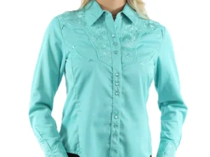 Scully Women’s Western Shirt with floral embroidered and matching pearl snaps.