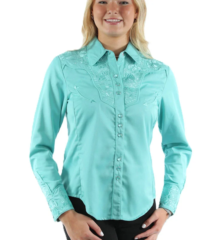 Scully Women’s Western Shirt with floral embroidered and matching pearl snaps.