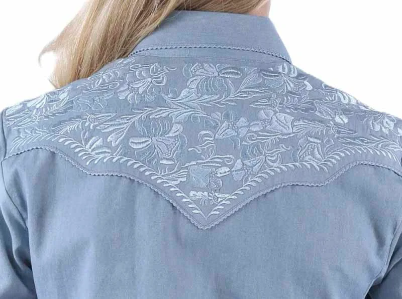 Scully Women's Embroidered Western Shirt - Light Blue Denim - Pearl Snaps 4 Scully Women's Embroidered Western Shirt - Light Blue Denim - Pearl Snaps