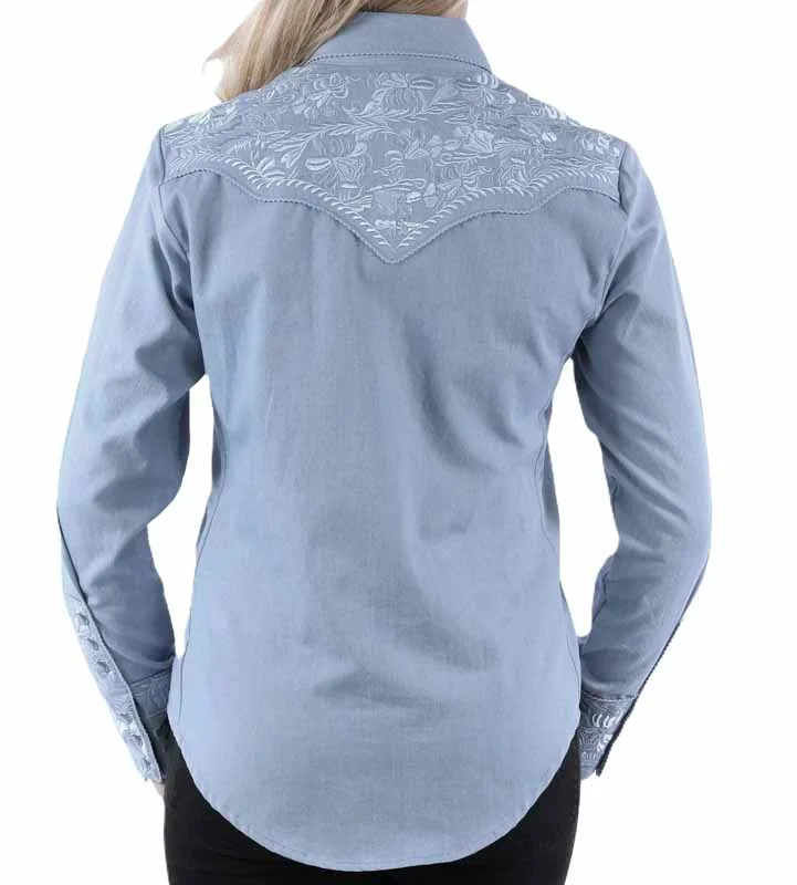 Scully Women's Embroidered Western Shirt - Light Blue Denim - Pearl Snaps 3 Scully Women's Embroidered Western Shirt - Light Blue Denim - Pearl Snaps