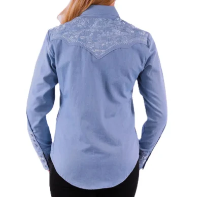 Scully women's embroidered cotton western shirt in a Light Blue denim