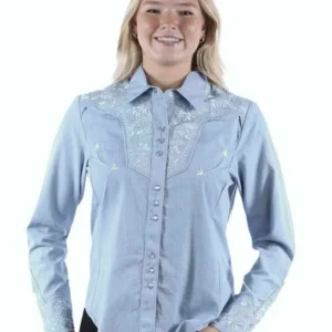 Scully Women's Embroidered Western Shirt - Light Blue Denim - Pearl Snaps
