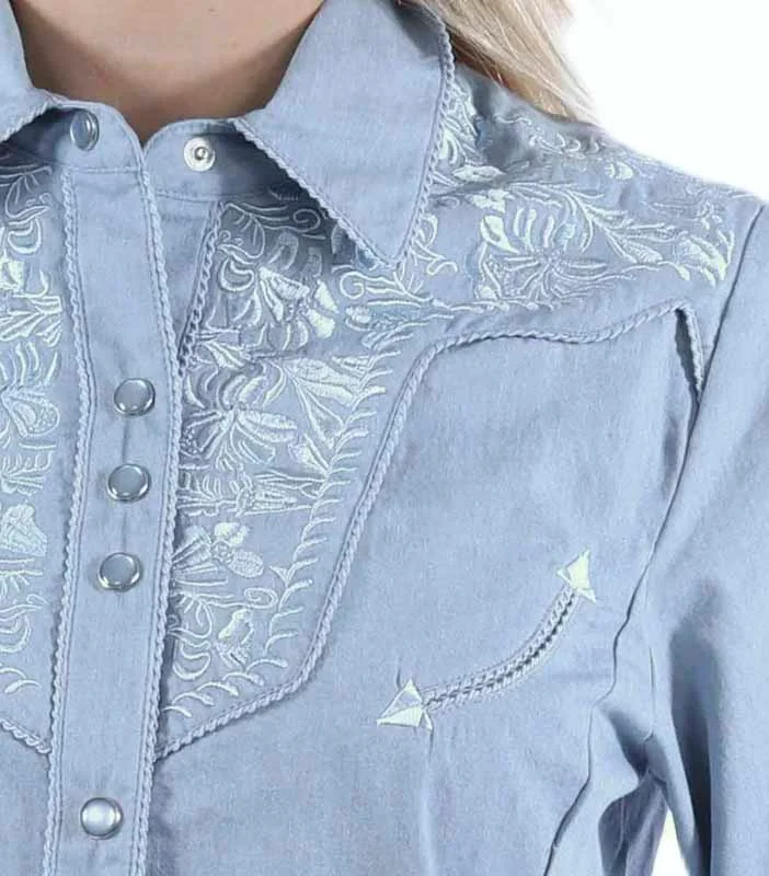 Scully Women's Embroidered Western Shirt - Light Blue Denim - Pearl Snaps 2 Scully Women's Embroidered Western Shirt - Light Blue Denim - Pearl Snaps