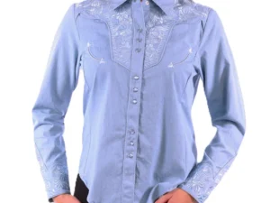 Scully women's embroidered cotton western shirt in a Light Blue denim