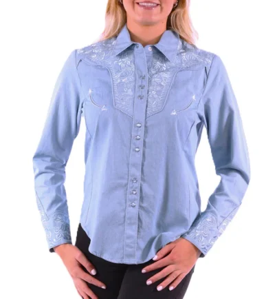 Scully women's embroidered cotton western shirt in a Light Blue denim