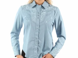 Scully Women’s Light Blue Western Shirt with floral raised embroidered details on front and back yoke and sleeve cuffs with matching pearl snaps.