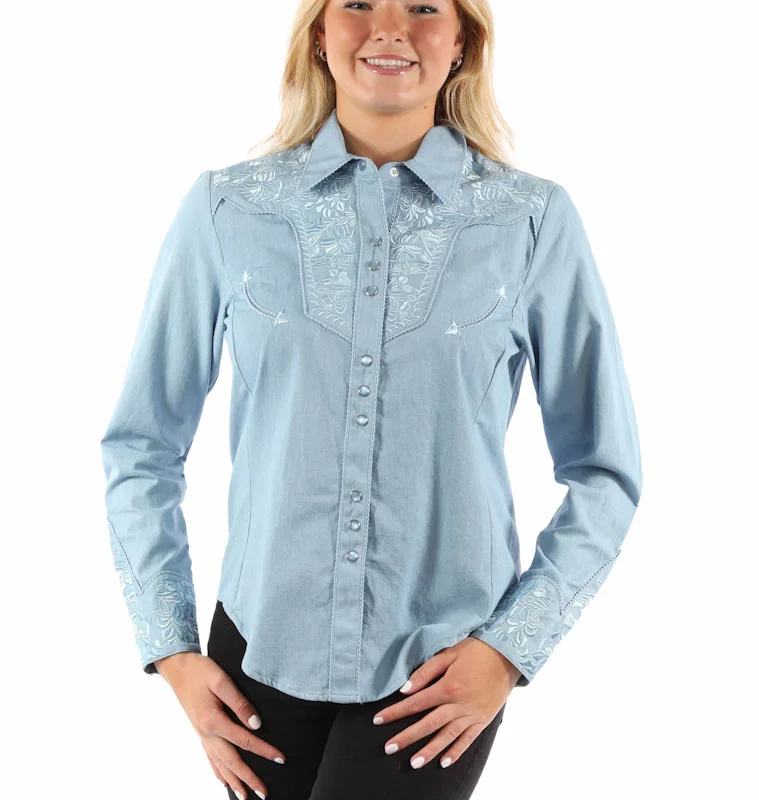 Scully Women’s Light Blue Western Shirt with floral raised embroidered details on front and back yoke and sleeve cuffs with matching pearl snaps.