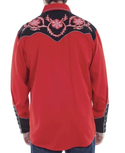 Men's floral embroidered red western pearl snap shirt