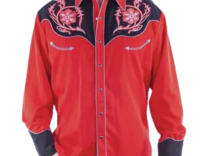 Men's floral embroidered red western pearl snap shirt