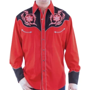 Men's floral embroidered red western pearl snap shirt