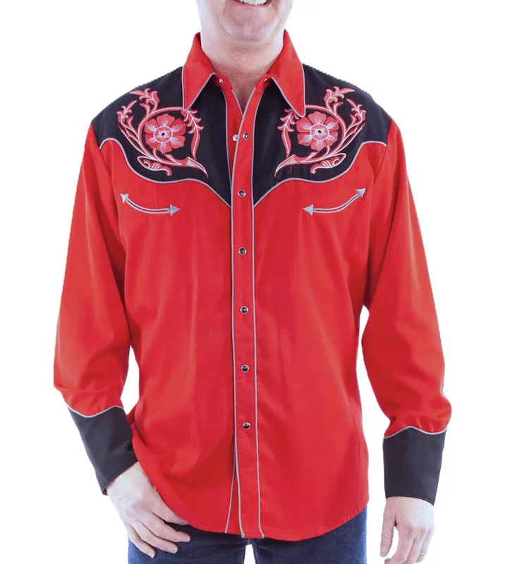 Men's floral embroidered red western pearl snap shirt