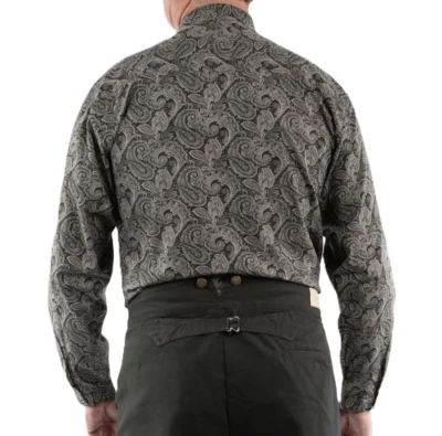 Men's Black Large Paisley Print Chest Pocket banded collar Frontier Shirt