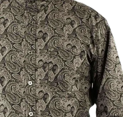 Men's Black Large Paisley Print Chest Pocket banded collar Frontier Shirt