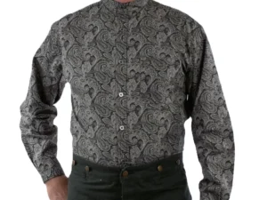 Men's Black Large Paisley Print Chest Pocket banded collar Frontier Shirt