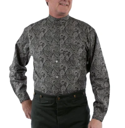 Men's Black Large Paisley Print Chest Pocket banded collar Frontier Shirt