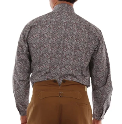 Men's Burgundy Paisley Print Chest Pocket banded collar Frontier Shirt