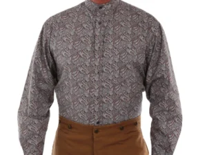 Men's Burgundy Paisley Print Chest Pocket banded collar Frontier Shirt