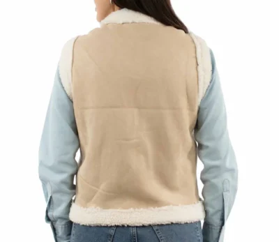 Women's Beige Paisley Stitched Embroidered Faux Sherpa Open Front Vest