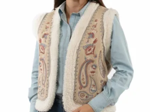 Women's Beige Paisley Stitched Embroidered Faux Sherpa Open Front Vest