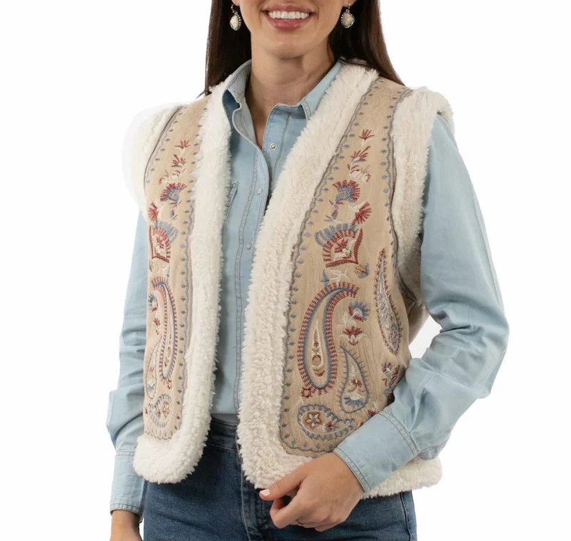 Women's Beige Paisley Stitched Embroidered Faux Sherpa Open Front Vest