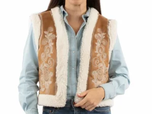 Women's Beige Paisley Stitched Embroidered Faux Sherpa Open Front Vest