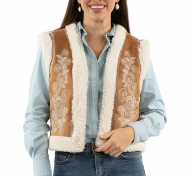 Women's Beige Paisley Stitched Embroidered Faux Sherpa Open Front Vest