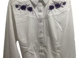 Ladies Large size, Purple rose White western shirt with pearl snaps button down and piped yoke. White Horse brand