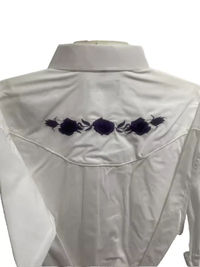 Ladies Large size, Purple rose White western shirt with pearl snaps button down and piped yoke. White Horse brand