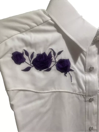 Ladies Large size, Purple rose White western shirt with pearl snaps button down and piped yoke. White Horse brand