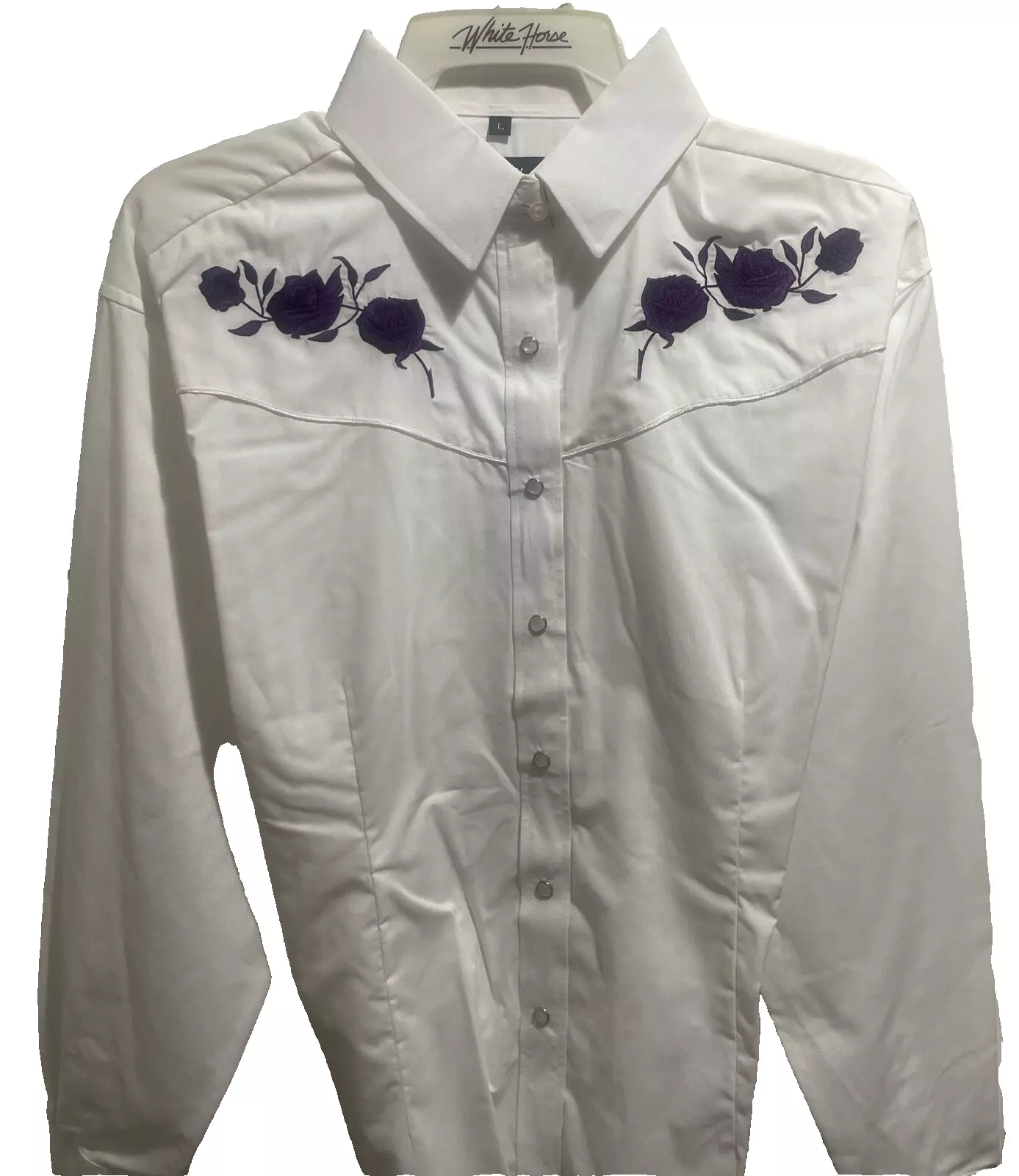 Ladies Large size, Purple rose White western shirt with pearl snaps button down and piped yoke. White Horse brand