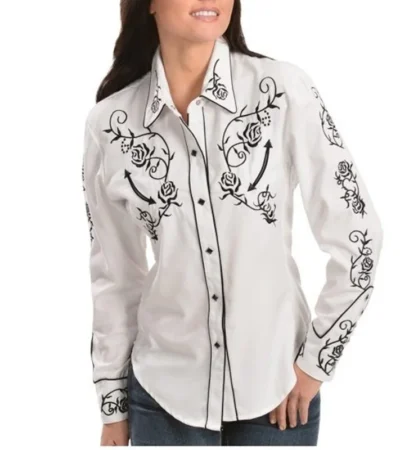 women's black rose white western shirt