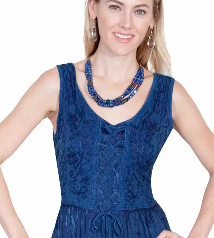 Scully Women's Embroidered Floral Western Dress - London Blue Lace Up Front 3 Scully Women's Embroidered Floral Western Dress - London Blue Lace Up Front