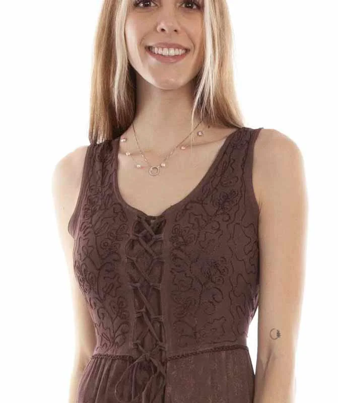 Scully Women's Embroidered Floral Western Dress - Brown Lace Up Front 3 Scully Women's Embroidered Floral Western Dress - Brown Lace Up Front